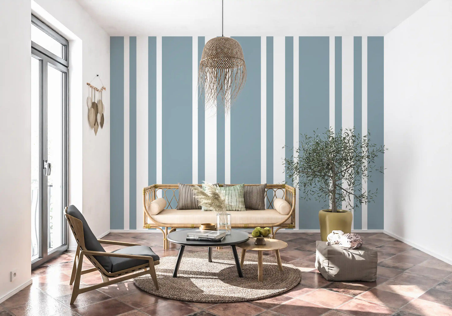 Blue Grey Ticking Stripe Wallpaper Farmhouse Wallpaper⁠