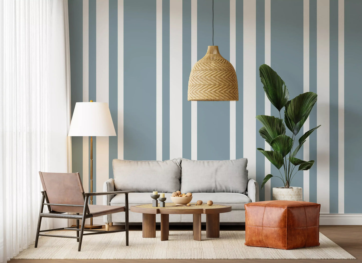 Blue Grey Ticking Stripe Wallpaper Farmhouse Wallpaper⁠