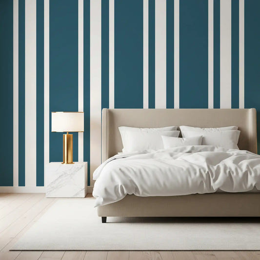 Bedroom styled in Blue Ticking Stripe Wallpaper with bold coastal lines