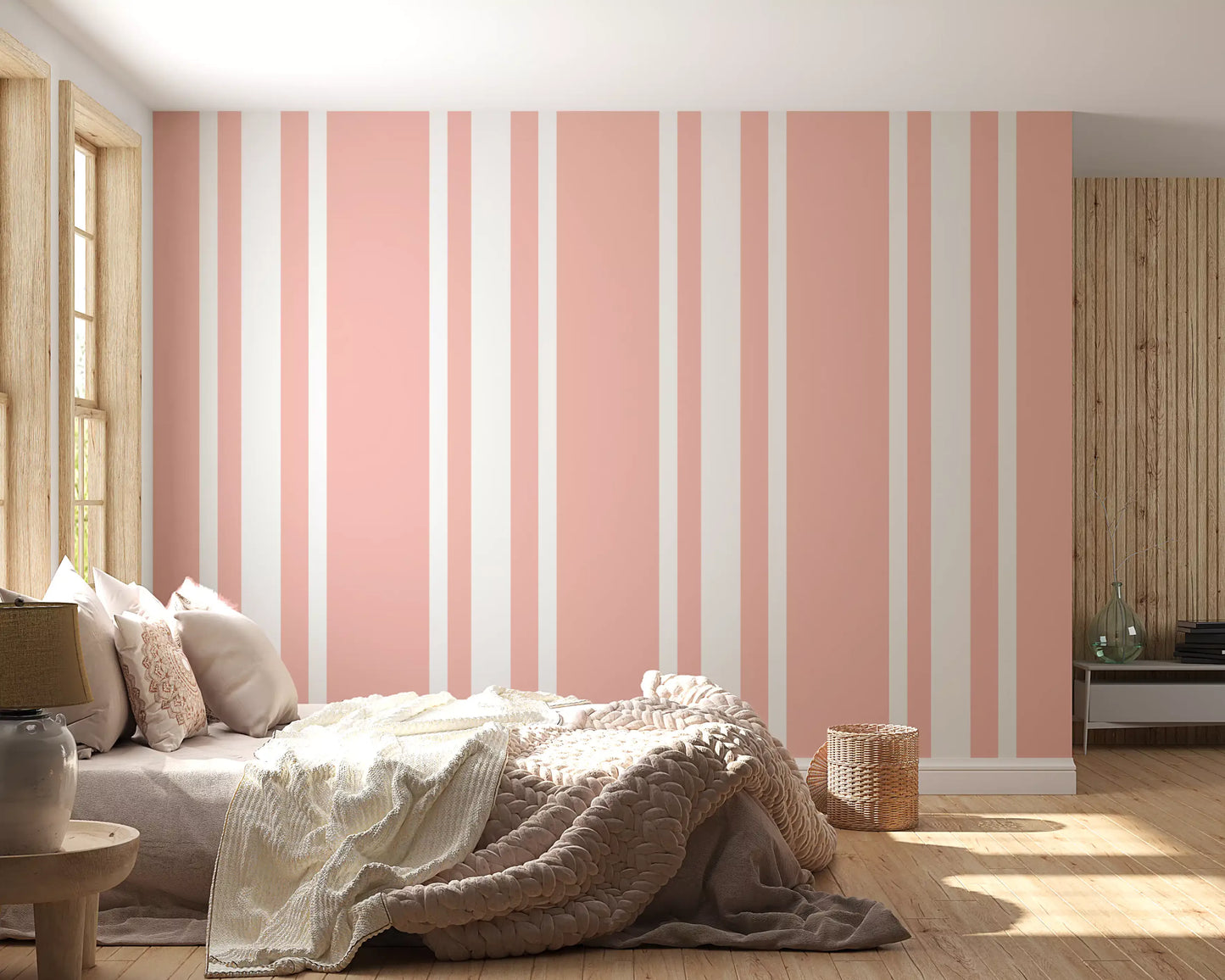 Blush Pink Ticking Stripe Wallpaper Farmhouse Wallpaper⁠