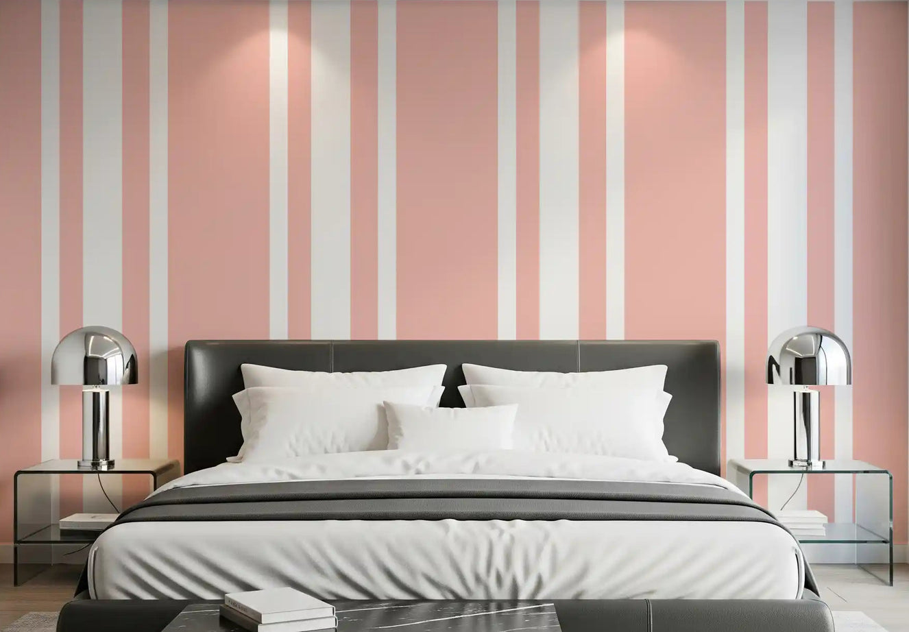 Bedroom using Blush Pink Ticking Stripe Wallpaper in soft tones