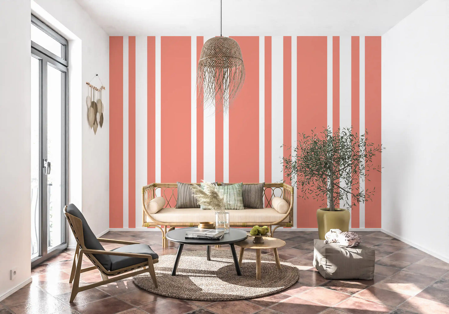 Coral Ticking Stripe Wallpaper Coastal Wallpaper⁠
