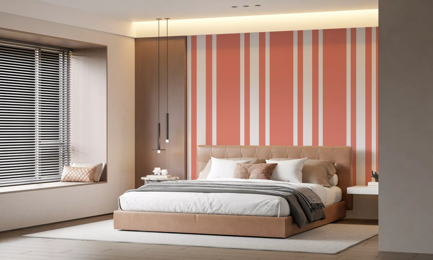 Coral Ticking Stripe Wallpaper Coastal Wallpaper⁠