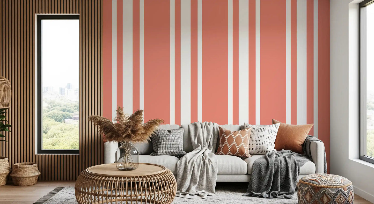 Coral Ticking Stripe Wallpaper Coastal Wallpaper⁠