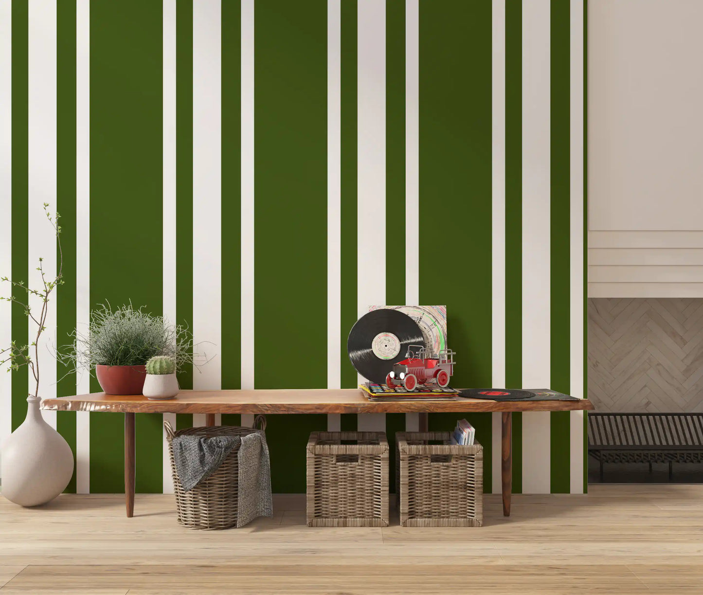 Olive Green Ticking Stripe Wallpaper Farmhouse Wallpaper⁠