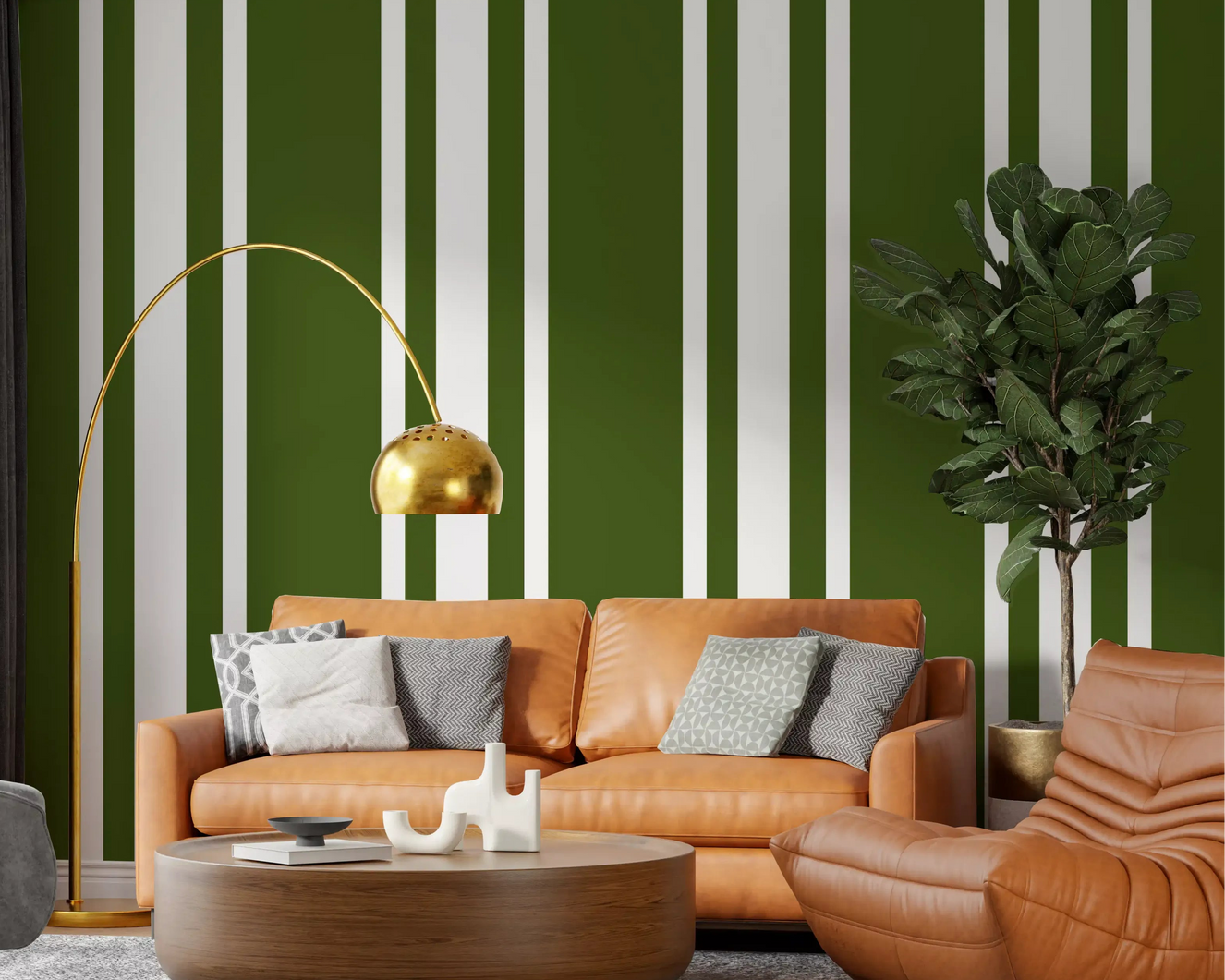 Living room with Olive Green ticking stripe wallpaper and farmhouse style