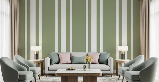 Living room wall finished with Sage Green wallpaper and Ticking Stripe flow