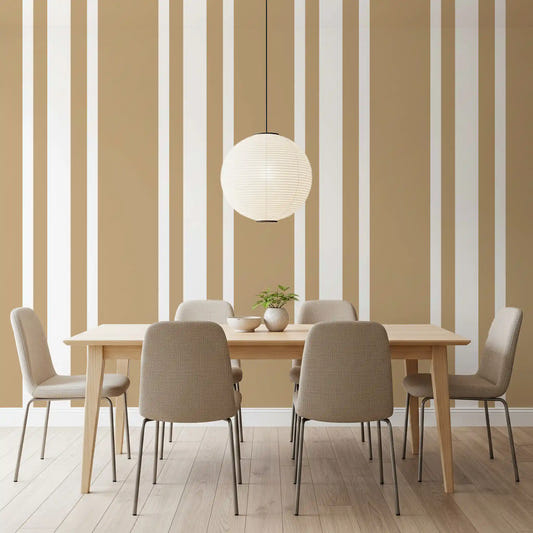 Dining room styled with Taupe Ticking Stripe wallpaper and clean vertical bands