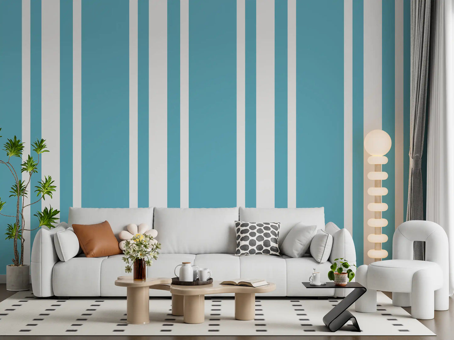 Retro Blue Ticking Stripe Wallpaper Mid Century Wallpaper⁠