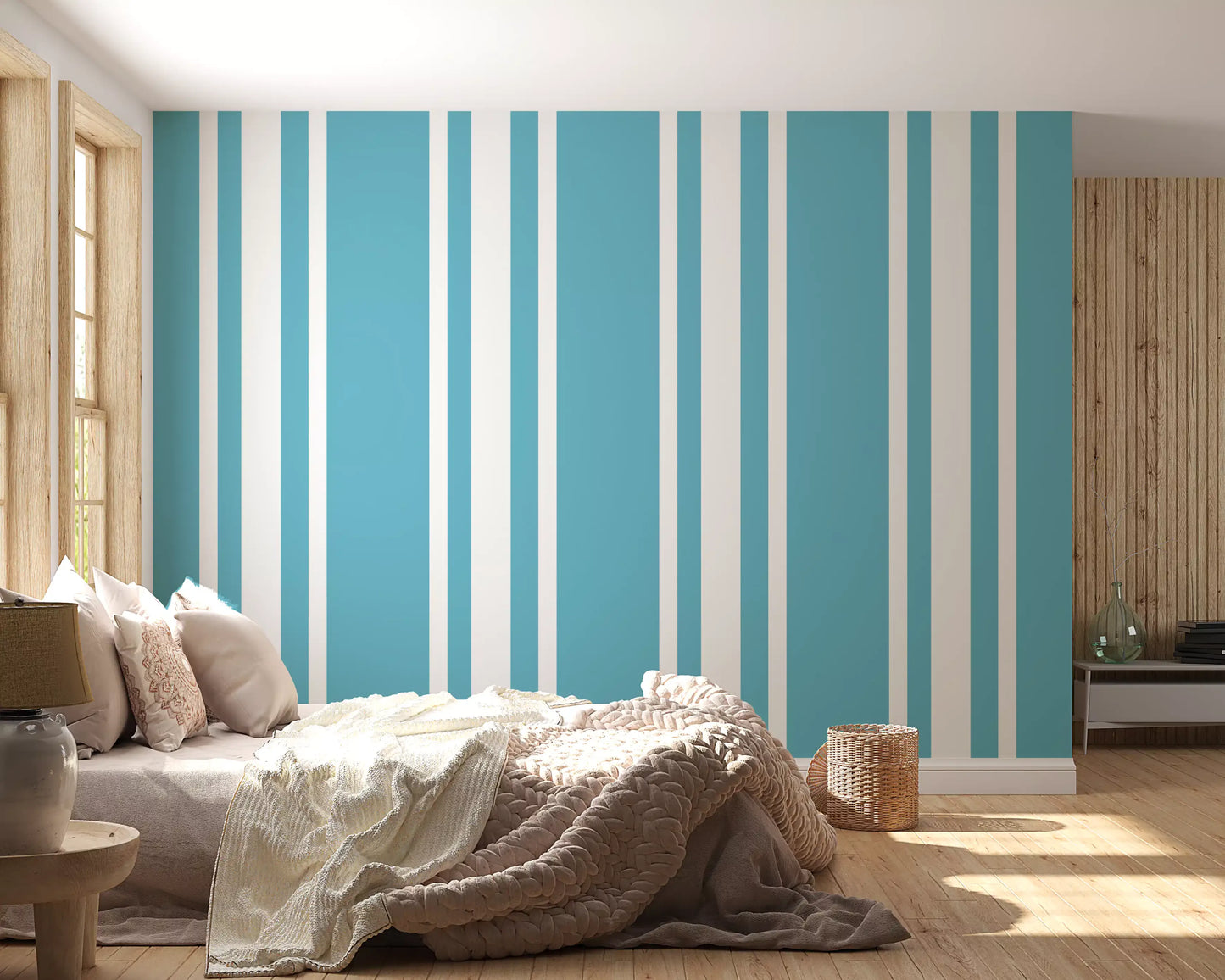 Retro Blue Ticking Stripe Wallpaper Mid Century Wallpaper⁠