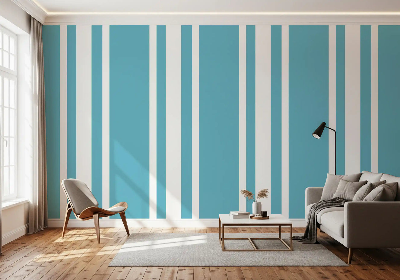 Retro Blue Ticking Stripe Wallpaper Mid Century Wallpaper⁠