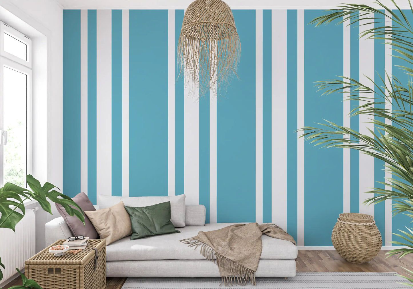 Retro Blue Ticking Stripe Wallpaper Mid Century Wallpaper⁠