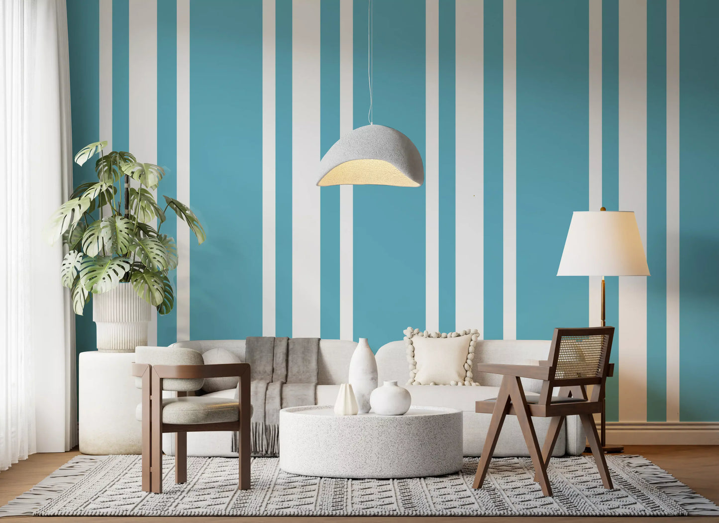 Retro Blue Ticking Stripe Wallpaper Mid Century Wallpaper⁠