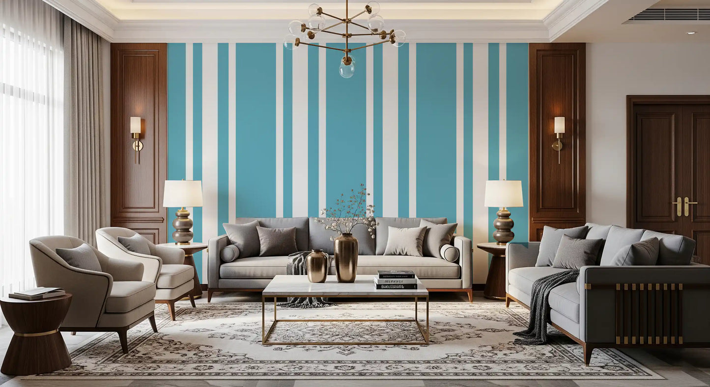 Retro Blue Ticking Stripe Wallpaper Mid Century Wallpaper⁠