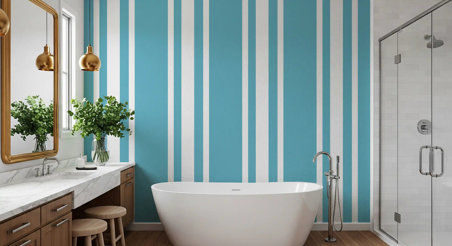 Retro Blue Ticking Stripe Wallpaper Mid Century Wallpaper⁠