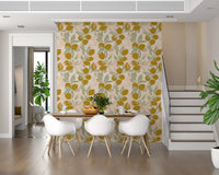 Dining area wallpaper showing Mediterranean Lemon artwork on cream base