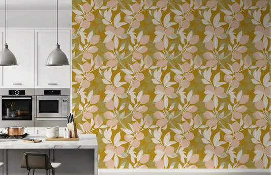 Kitchen wallpaper with Mustard Lemon artwork and Mediterranean leaves