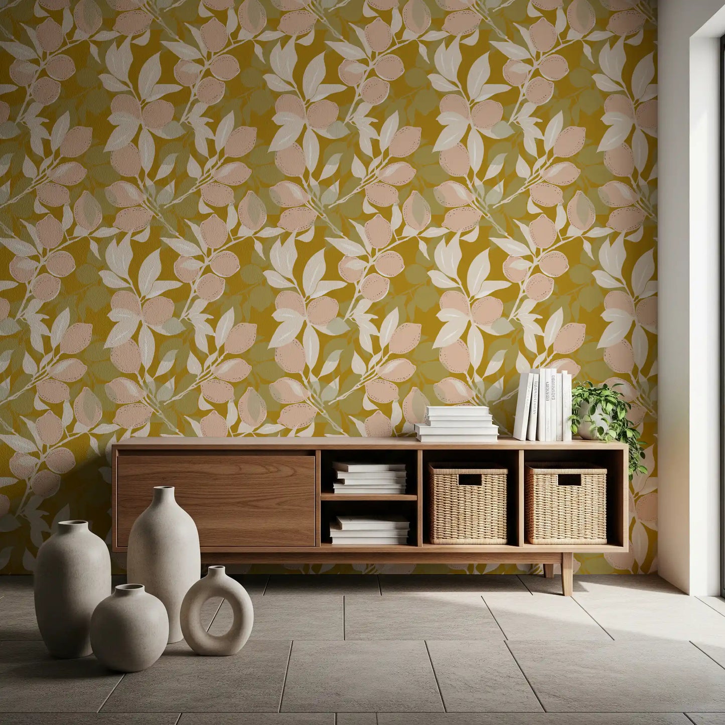 Mustard Lemon Wallpaper Mediterranean Kitchen Wallpaper⁠