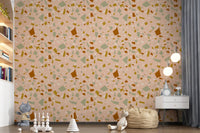 Kids room design uses warm peach wallpaper with sage abstract chip pattern
