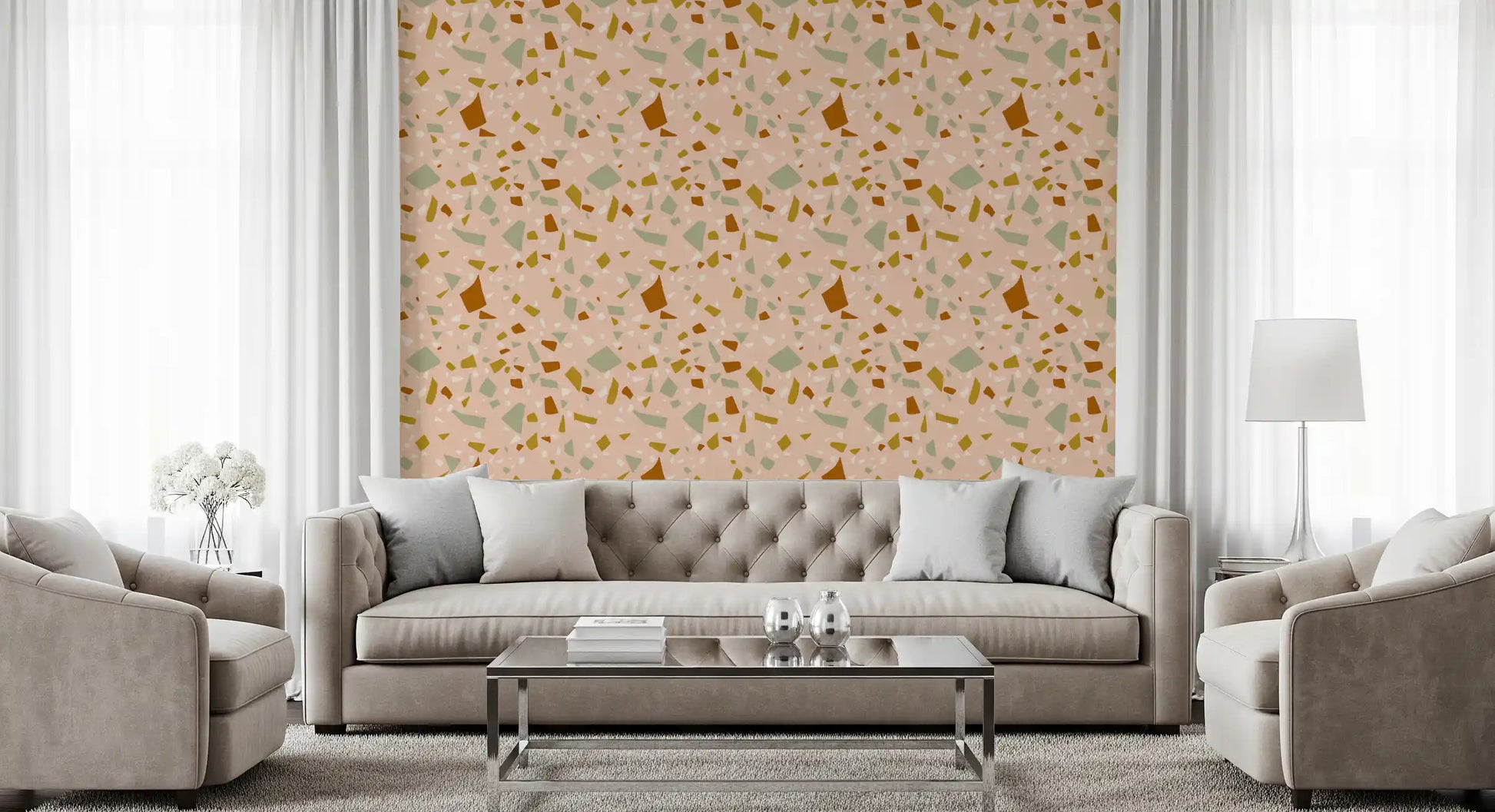 Abstract fragment wallpaper featuring peach tones and soft sage detailing