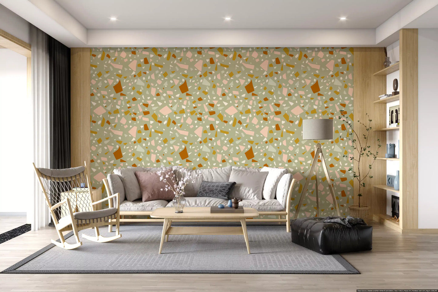 Living room surface uses Sage Terrazzo Wallpaper with cream fragment pattern