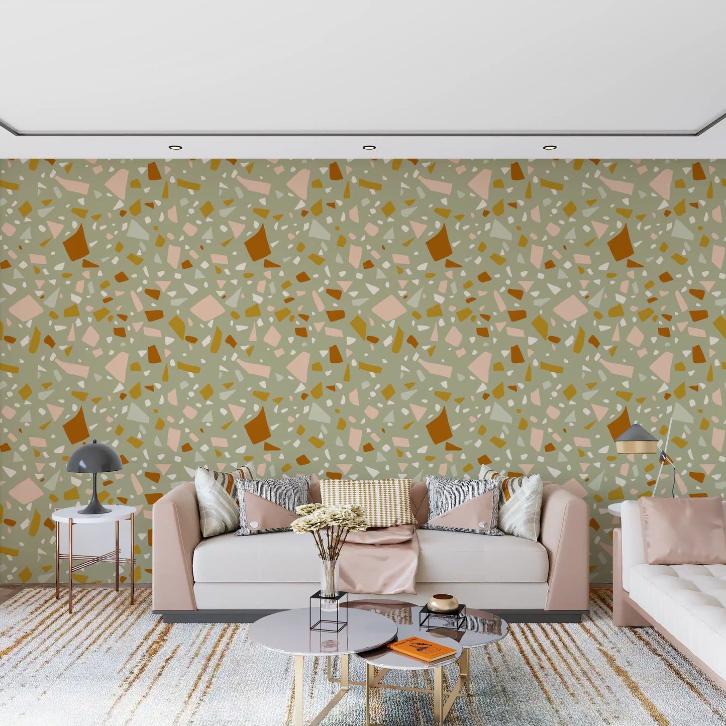 Warm ochre fragments mix through Sage Peach Wallpaper with stone effect