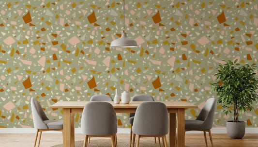 Dining room wall with Sage Peach Terrazzo wallpaper and soft chip detail
