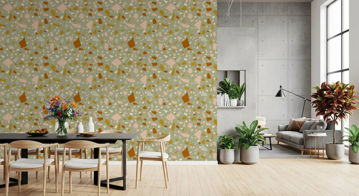 Cream and terracotta pieces define Sage Terrazzo wallpaper pattern