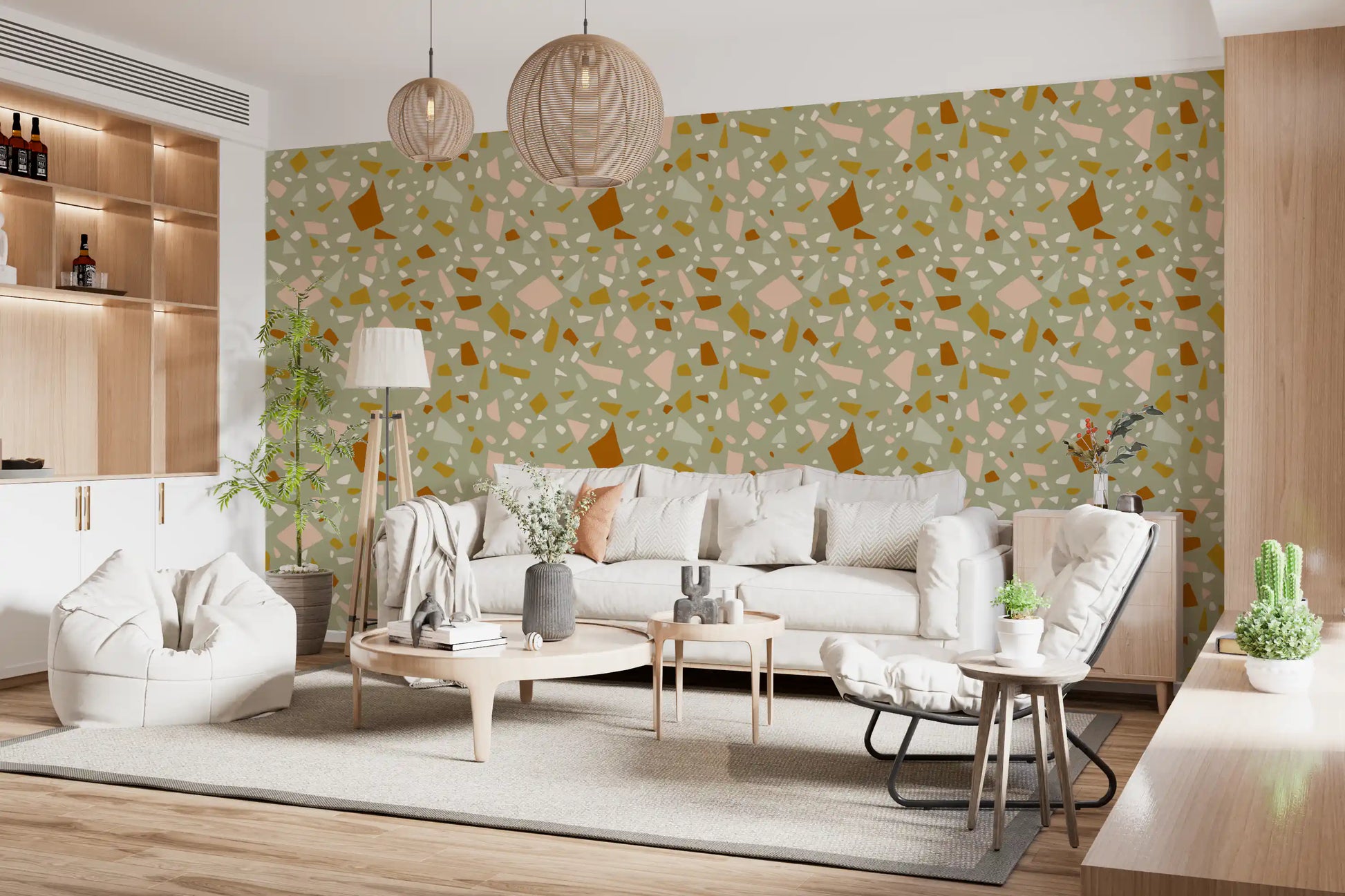Living room wall styled with Mediterranean Wallpaper in peach sage tones