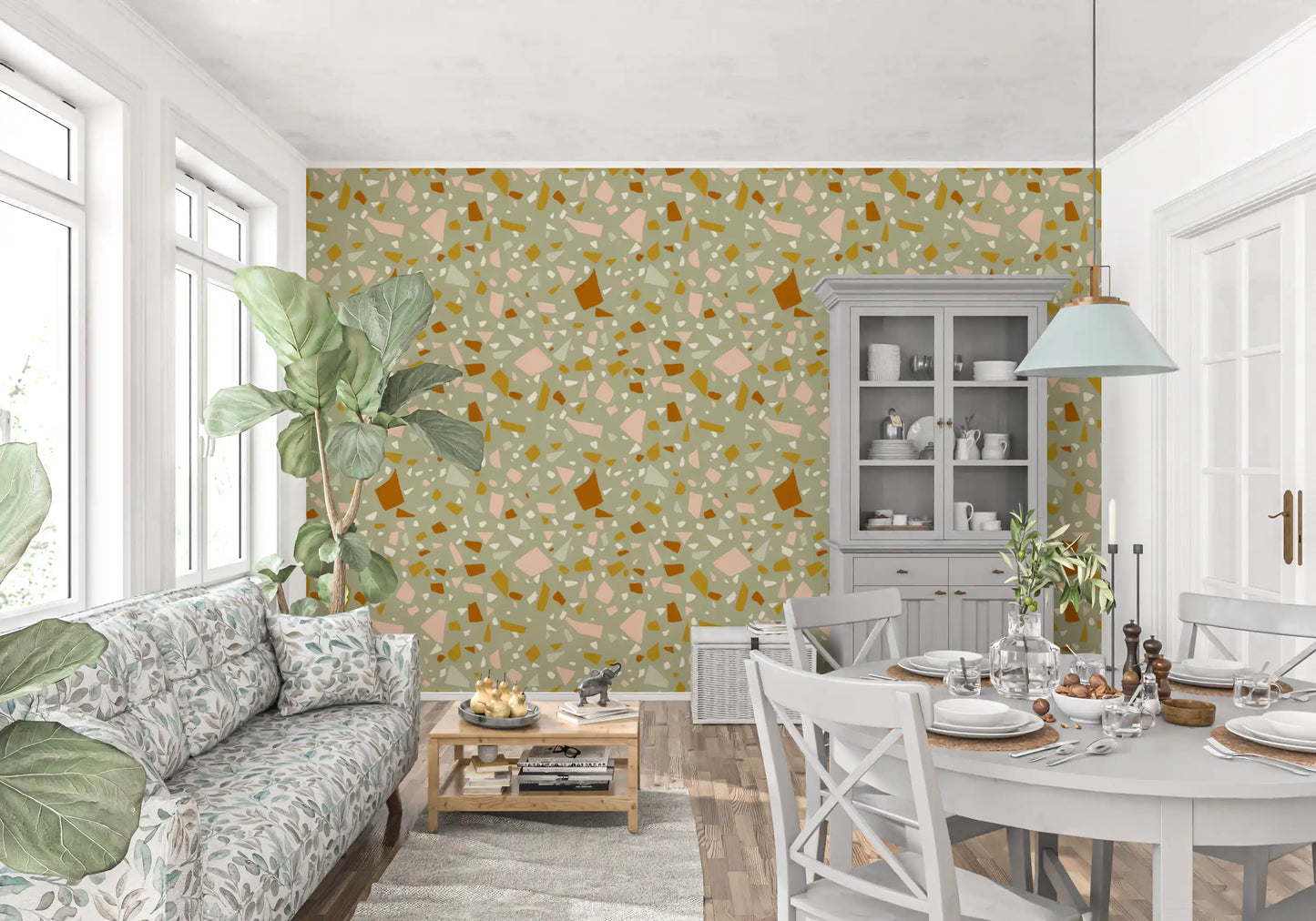 Irregular peach shapes create Mediterranean terrazzo wallpaper styling