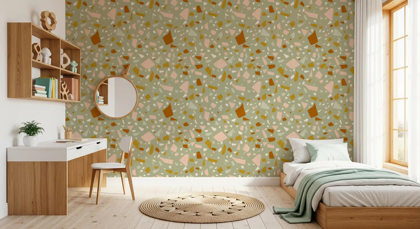 Soft sage colour supports peach chip wallpaper with abstract movement