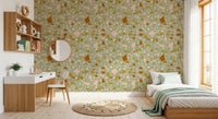 Soft sage colour supports peach chip wallpaper with abstract movement