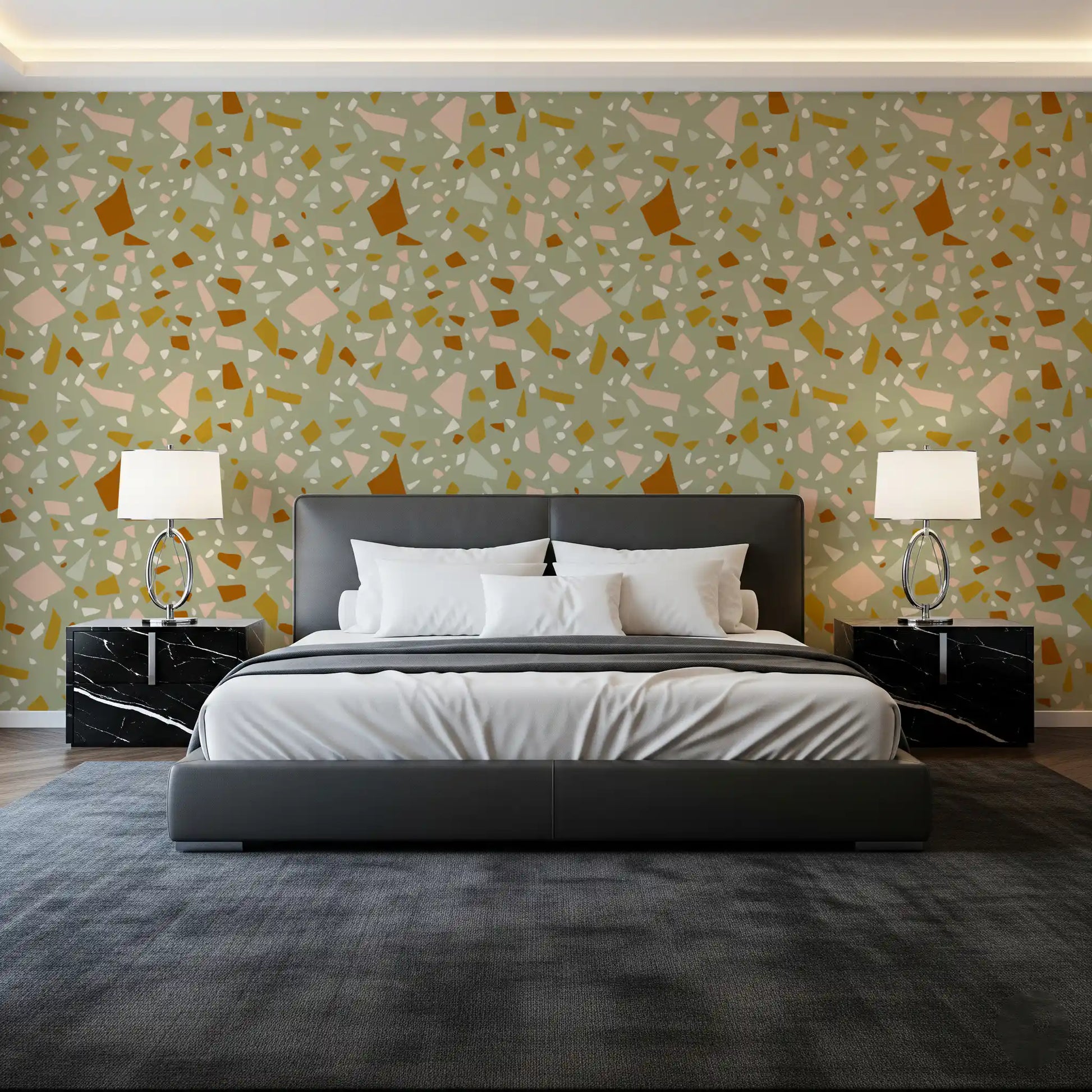 Bedroom wallpaper featuring Sage Peach chips and earthy terrazzo art
