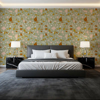 Bedroom wallpaper featuring Sage Peach chips and earthy terrazzo art
