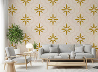 Soft neutral backing supports Gold Sand wallpaper with rounded pattern