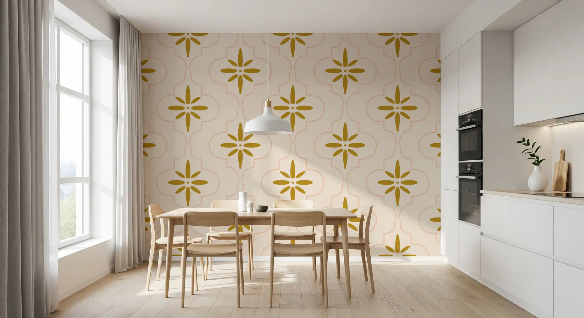 Curved beige lines frame gold geometric wallpaper with tiled symmetry