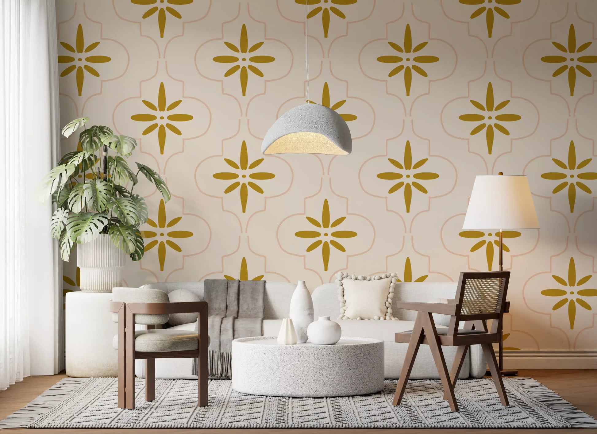 Hallway surface shows Tile Wallpaper curves with warm golden accents