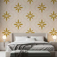 Bedroom wall styled with Gold Sand Tile wallpaper and soft geometry