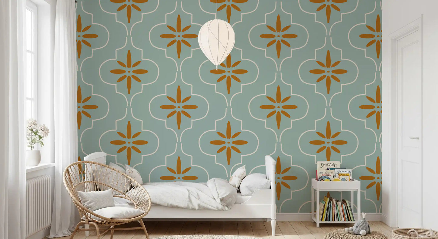 Kids room featuring Mediterranean Tile wallpaper and curved geometry