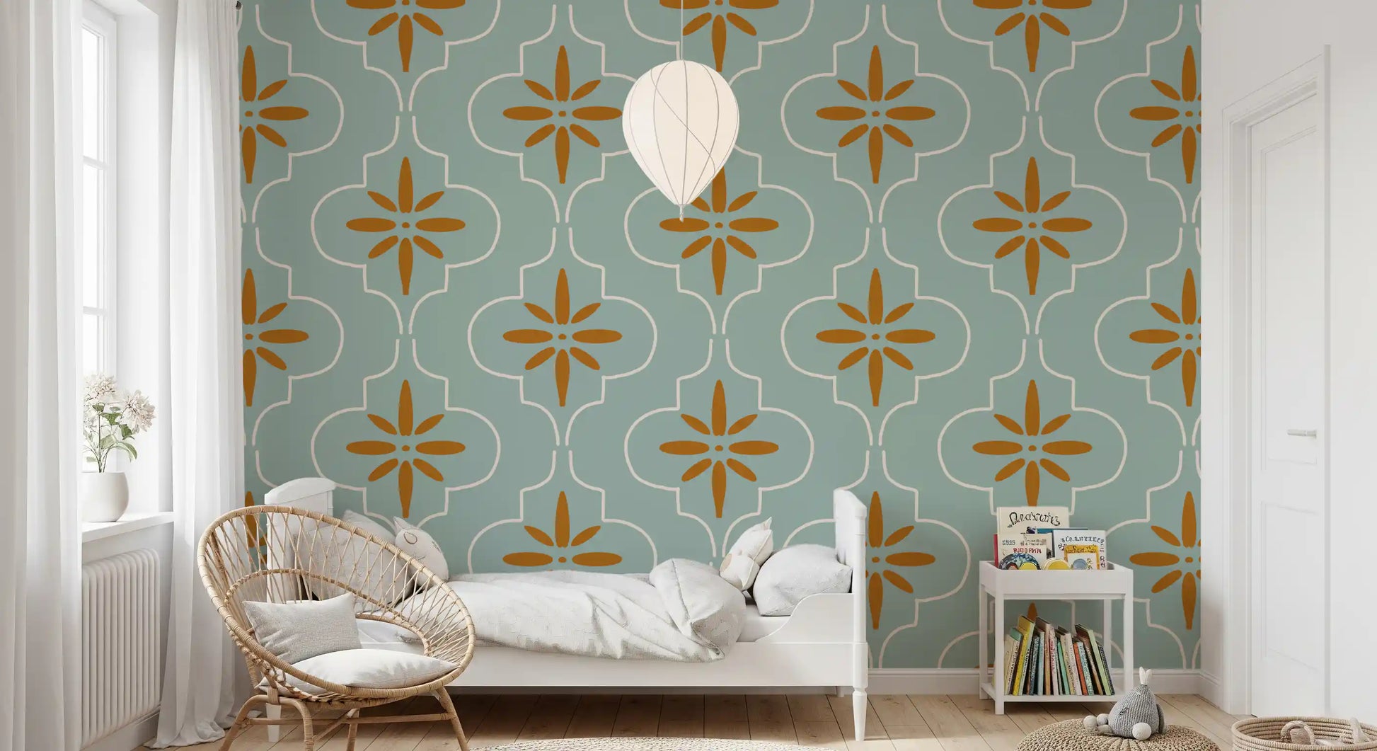 Kids room featuring Mediterranean Tile wallpaper and curved geometry