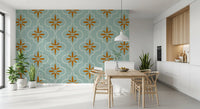 Dining room styled in Teal Tile Wallpaper with terracotta detailing