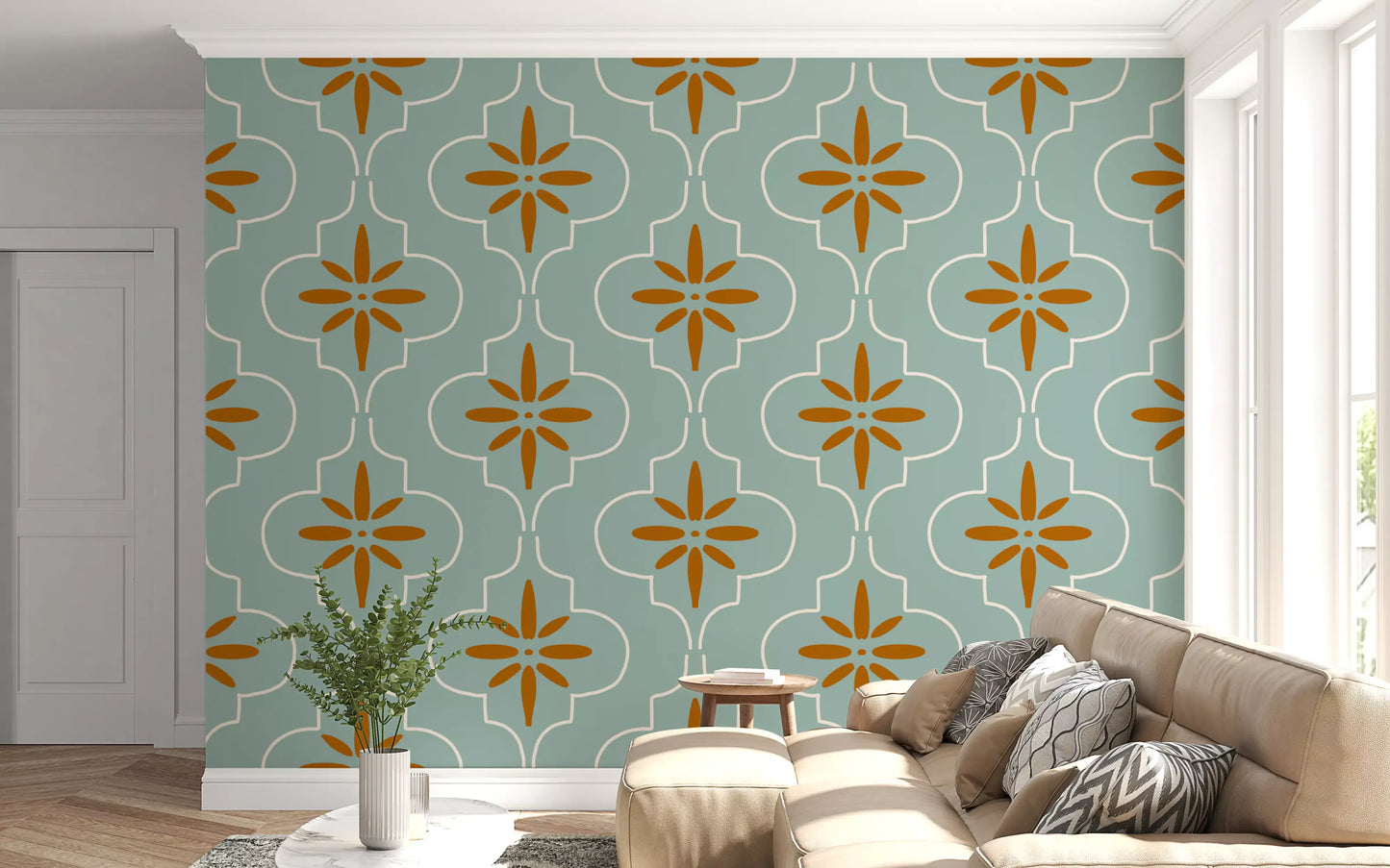 Mediterranean Geometric Wallpaper with teal background and tile pattern