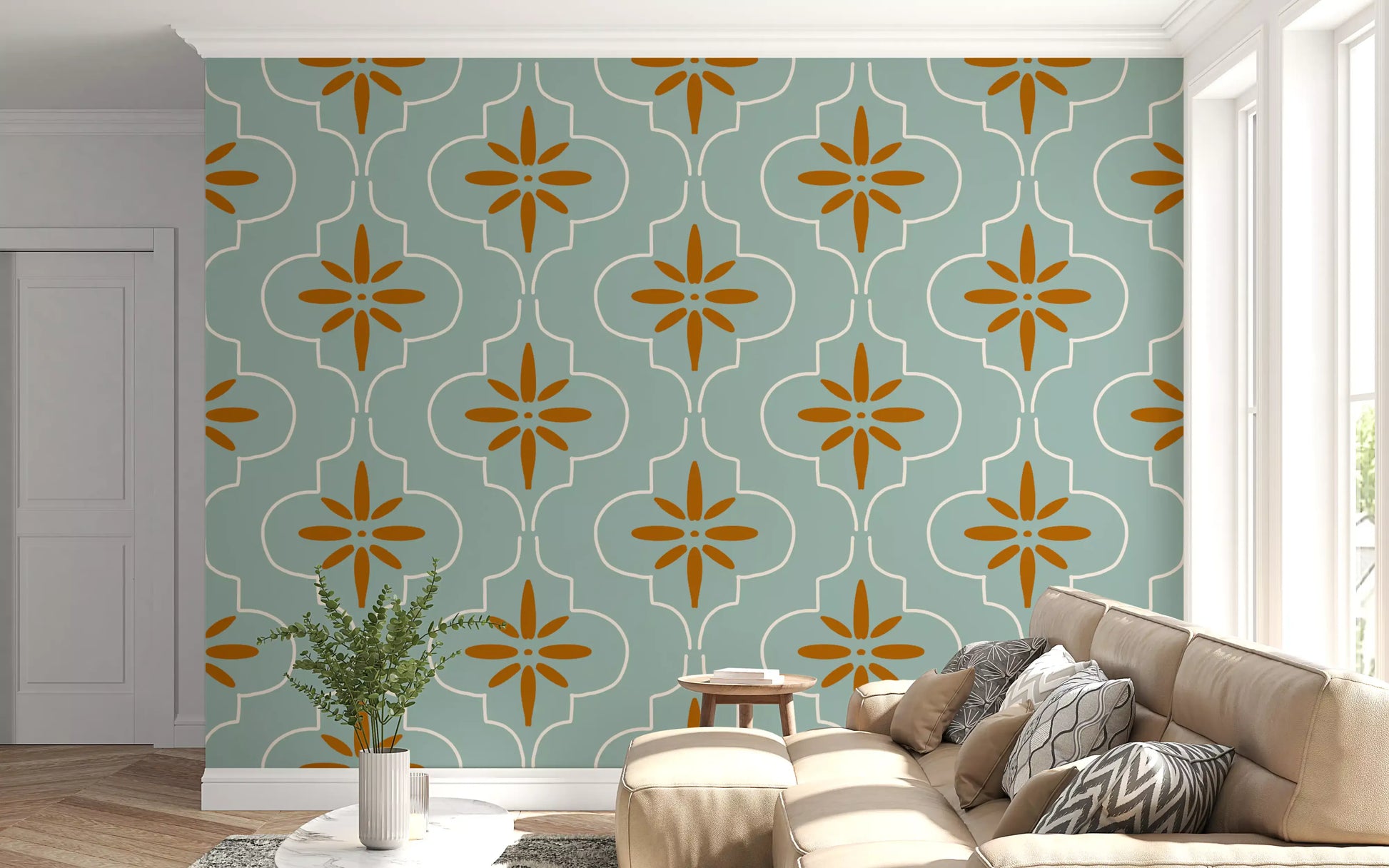 Mediterranean Geometric Wallpaper with teal background and tile pattern