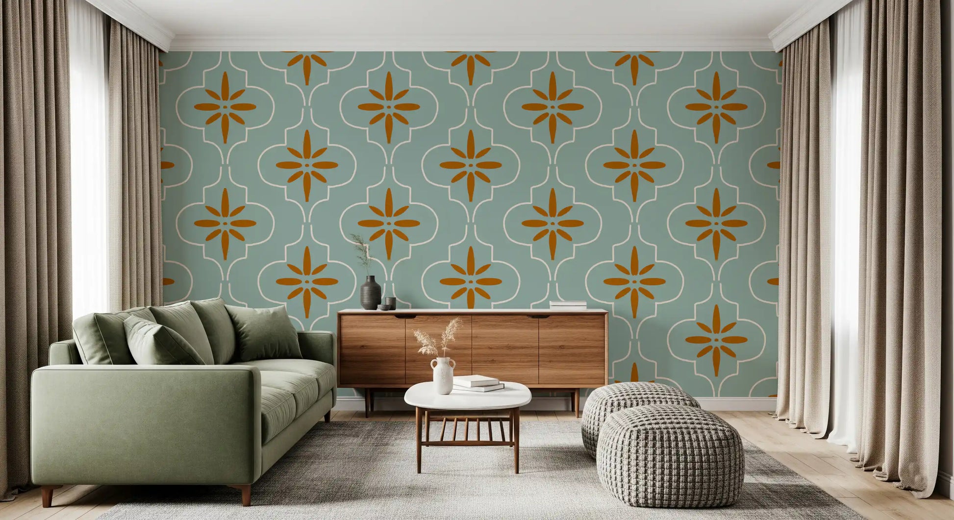 Teal Tile Wallpaper featuring warm terracotta geometric accents