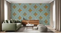 Teal Tile Wallpaper featuring warm terracotta geometric accents