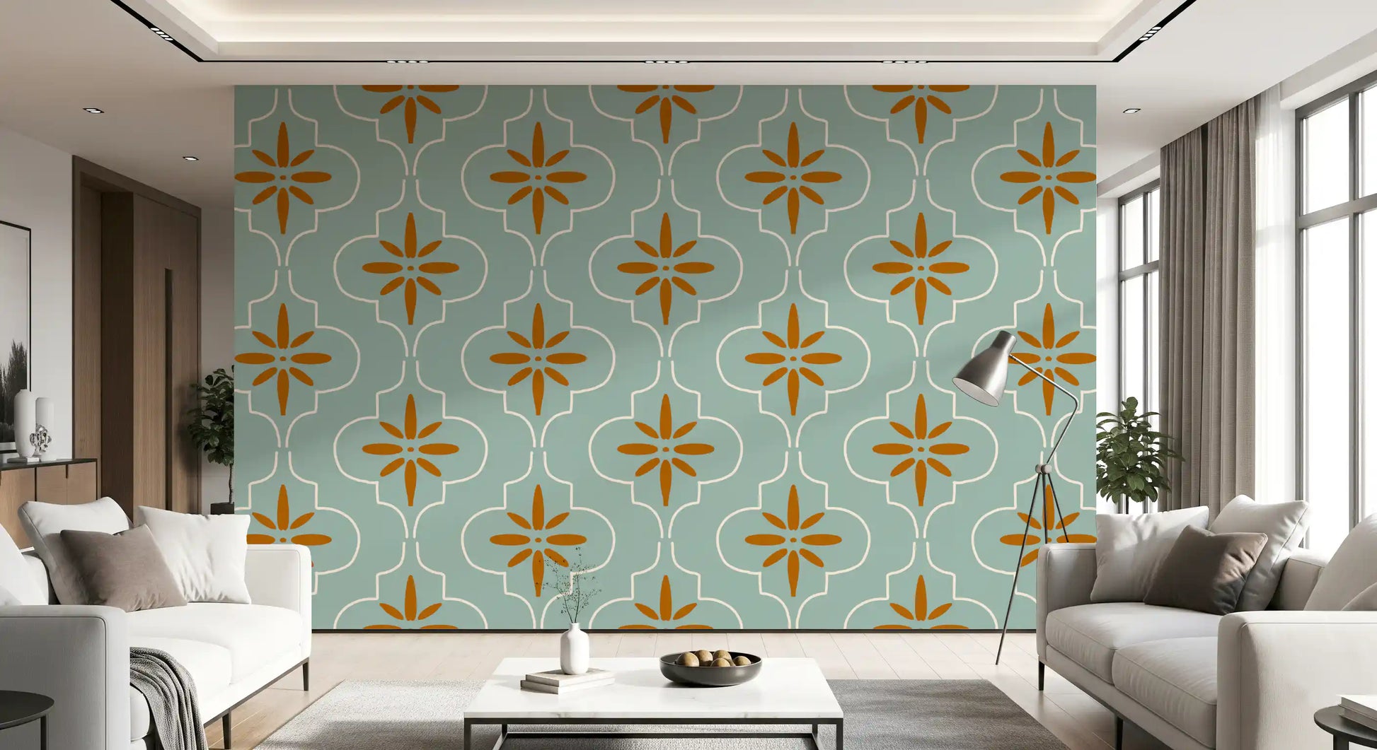 Curved tile wallpaper showing Teal Terracotta colour contrast and rhythm