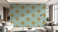 Curved tile wallpaper showing Teal Terracotta colour contrast and rhythm