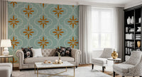 Living room wallpaper using Mediterranean Geometric teal tile pattern