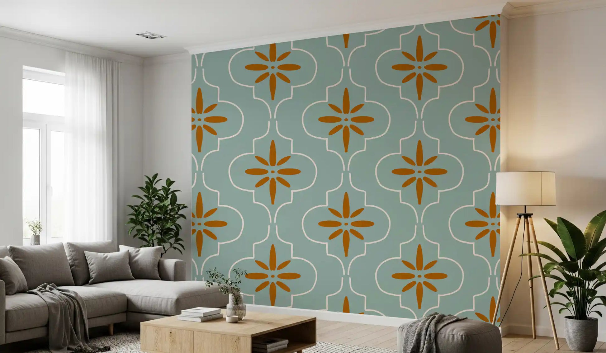 Decorative wallpaper with Mediterranean Tile forms and teal styling