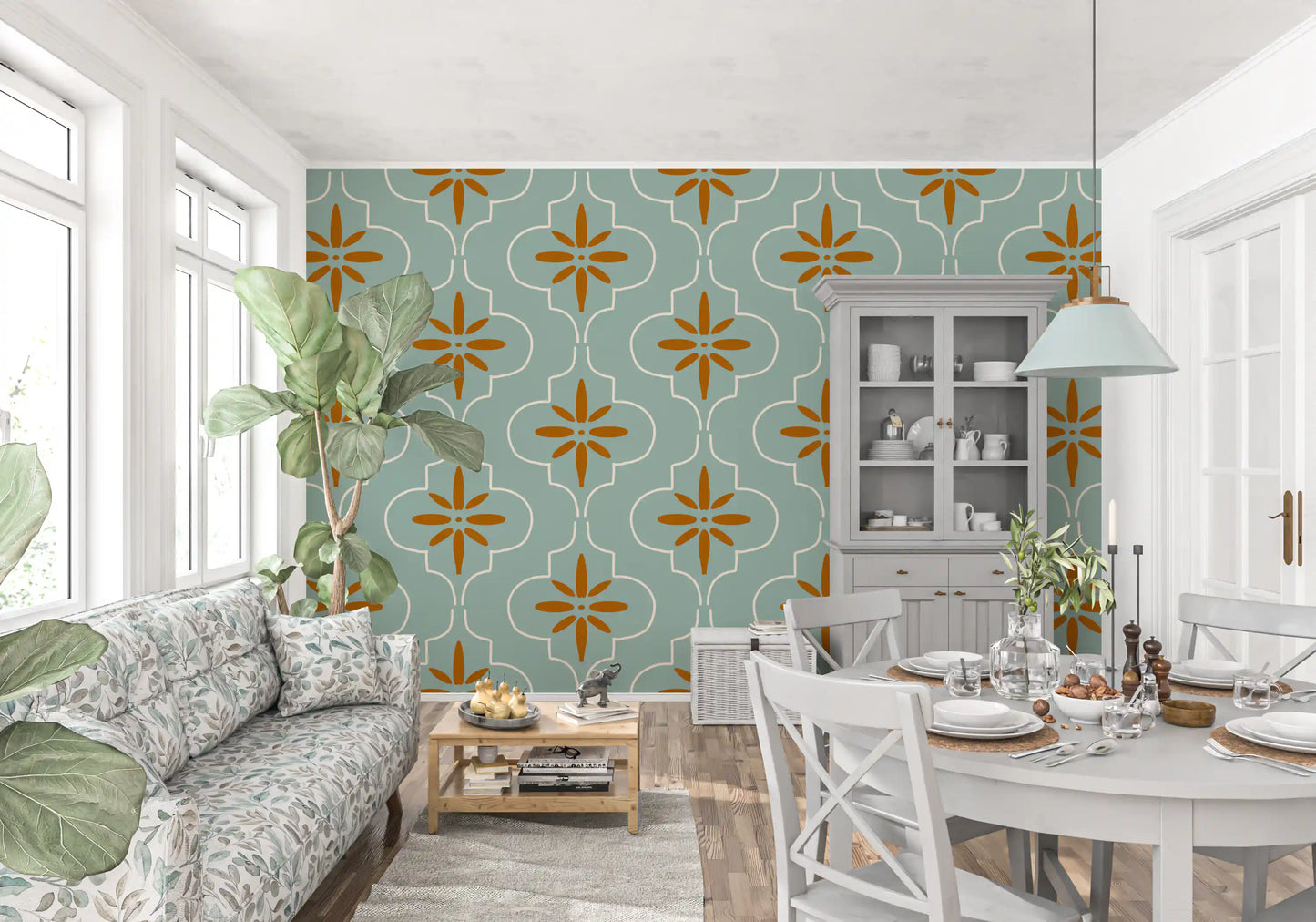 Living room wallpaper with Teal Terracotta geometric tile artwork